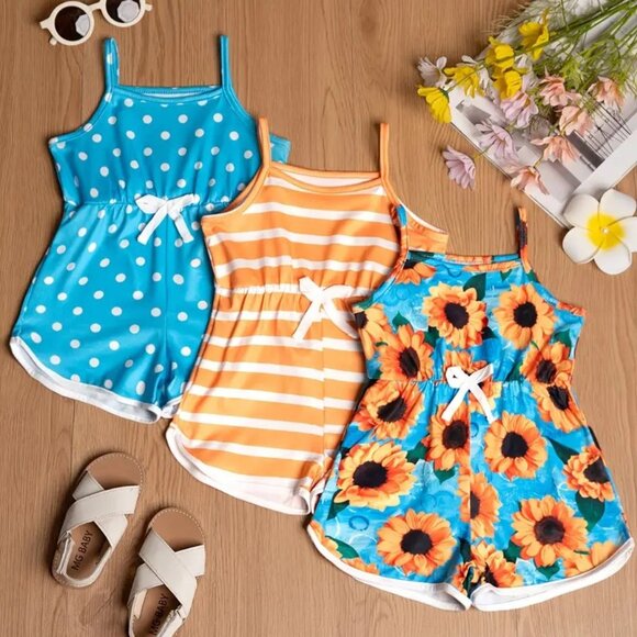 Mud + Honey Boutique Other - Girl's Summer Sleeveless Romper- Blue Dots/Orange Stripes/Blue Sunflowers
